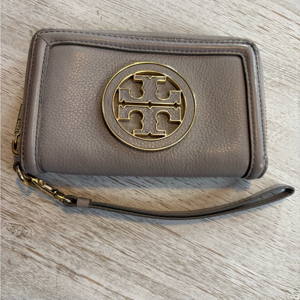 Tory Burch Taupe Wristlet with Gold Emblem